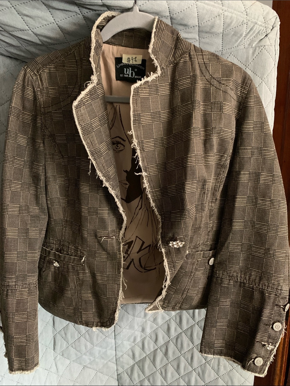 #92 Urban Behavior Brown & Cream Plaid Frayed-Trim Blazer